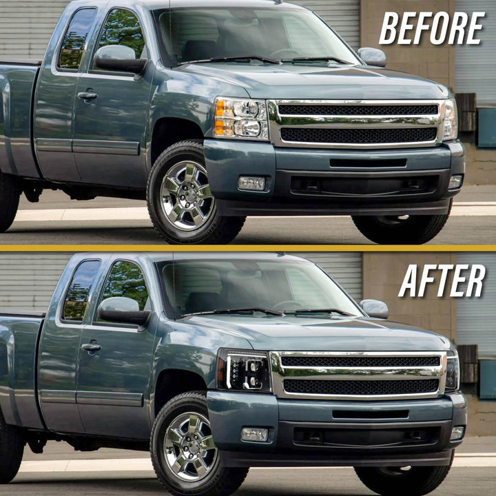 2007 - 2013 Chevrolet Chevy Silverado Full LED Black Housing All Clear Lens Projector Headlights with Sequential Amber LED Turn Signals and Amber Reflectors