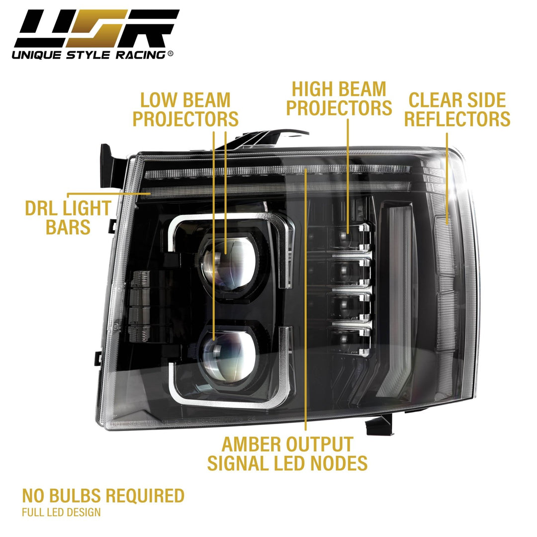 2007 - 2013 Chevrolet Chevy Silverado Full LED Black Housing All Clear Lens Projector Headlights with Sequential Amber LED Turn Signals and Clear Corner Reflectors