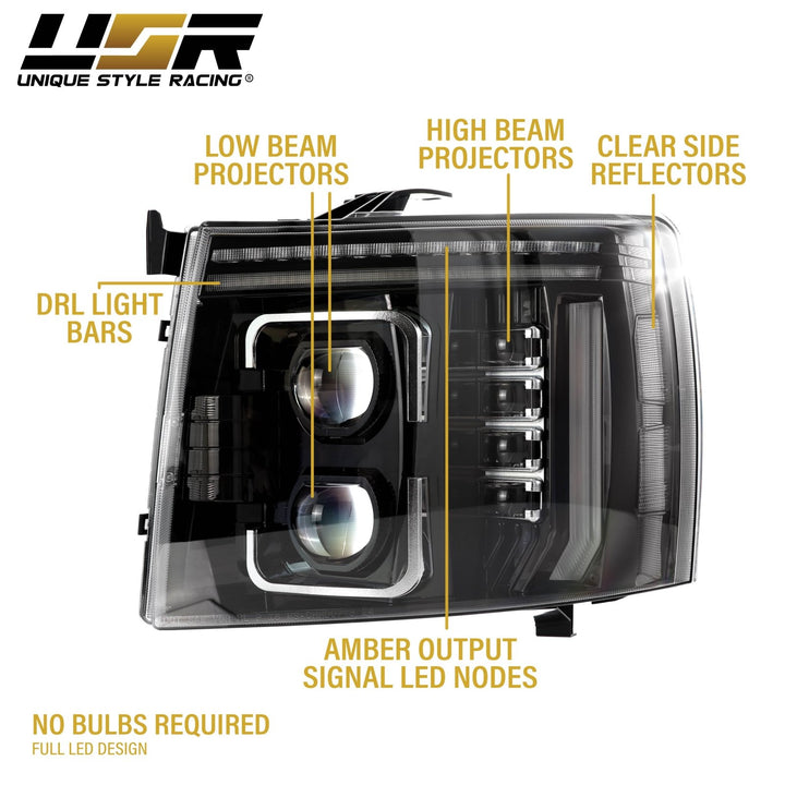 2007 - 2013 Chevrolet Chevy Silverado Full LED Black Housing All Clear Lens Projector Headlights with Sequential Amber LED Turn Signals and Clear Corner Reflectors