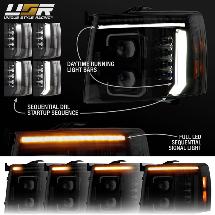 2007 - 2013 Chevrolet Chevy Silverado Full LED Black Housing All Clear Lens Projector Headlights with Sequential Amber LED Turn Signals and Clear Corner Reflectors