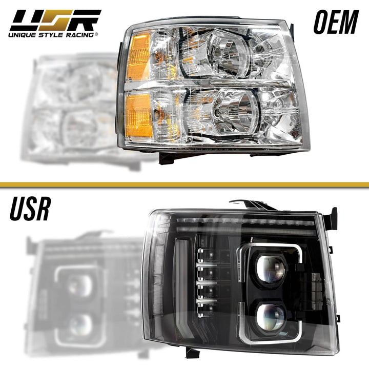 2007 - 2013 Chevrolet Chevy Silverado Full LED Black Housing All Clear Lens Projector Headlights with Sequential Amber LED Turn Signals and Clear Corner Reflectors