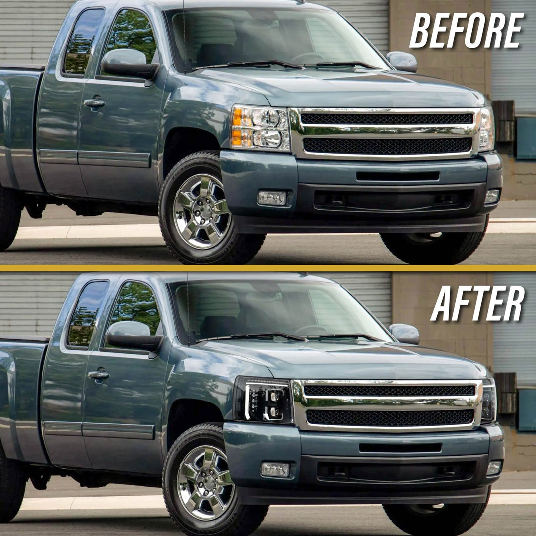2007 - 2013 Chevrolet Chevy Silverado Full LED Black Housing All Clear Lens Projector Headlights with Sequential Amber LED Turn Signals and Clear Corner Reflectors
