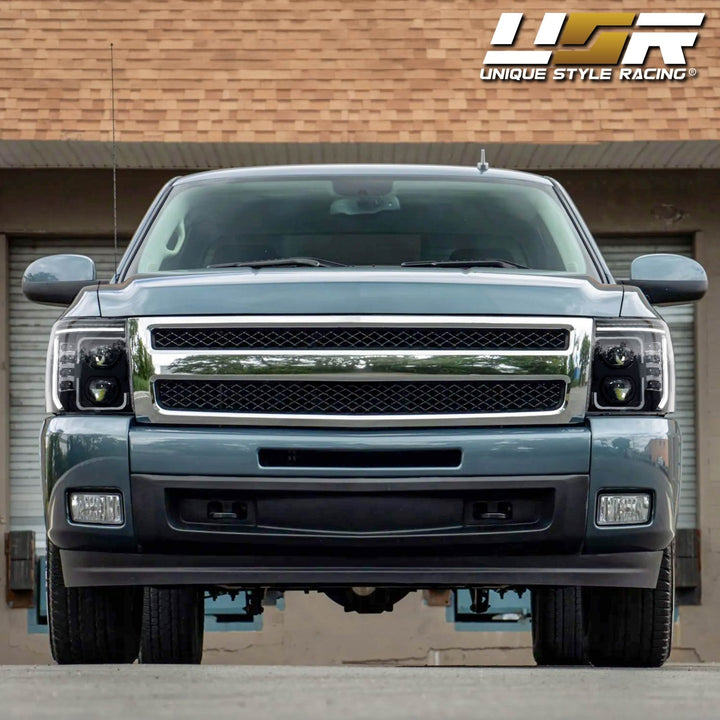 2007 - 2013 Chevrolet Chevy Silverado Full LED Black Housing All Clear Lens Projector Headlights with Sequential Amber LED Turn Signals and Clear Corner Reflectors