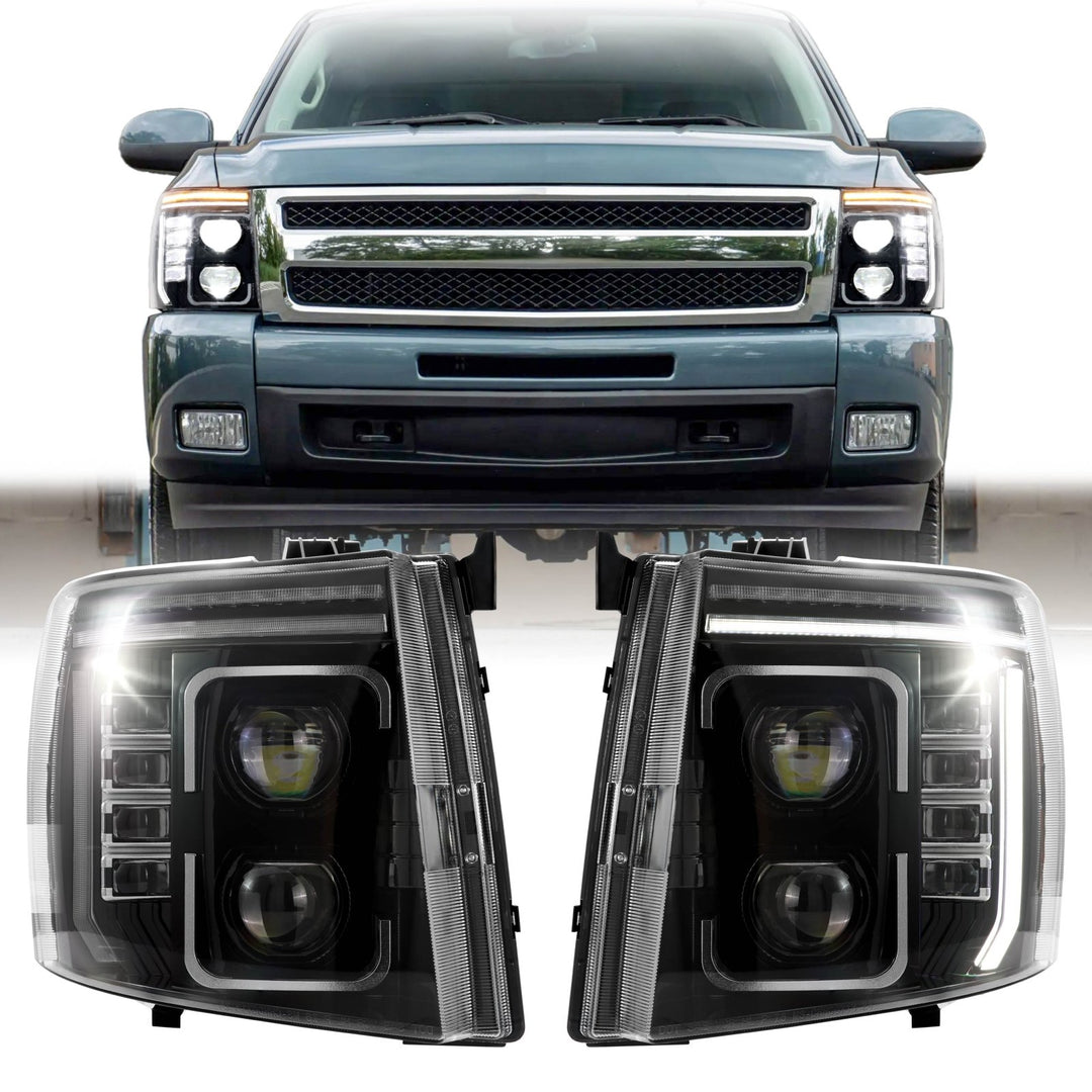 2007 - 2013 Chevrolet Chevy Silverado Full LED Black Housing All Clear Lens Projector Headlights with Sequential Amber LED Turn Signals and Clear Corner Reflectors