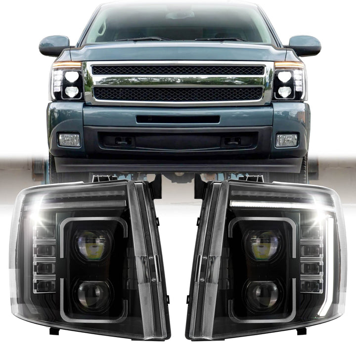 2007 - 2013 Chevrolet Chevy Silverado Full LED Black Housing All Clear Lens Projector Headlights with Sequential Amber LED Turn Signals and Clear Corner Reflectors