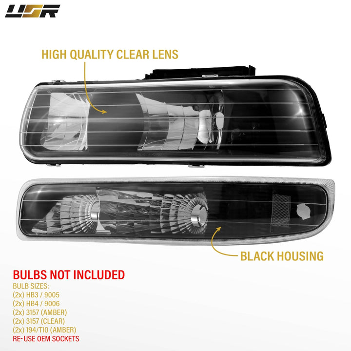1999 - 2002 Chevrolet Chevy SIlverado, Suburban Black Housing Clear Lens with Bumper Light