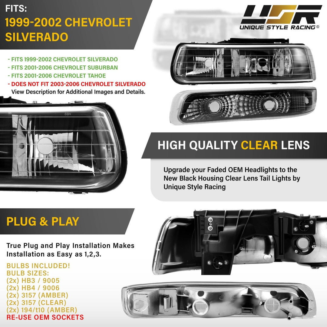 1999 - 2002 Chevrolet Chevy SIlverado, Suburban Black Housing Clear Lens with Bumper Light