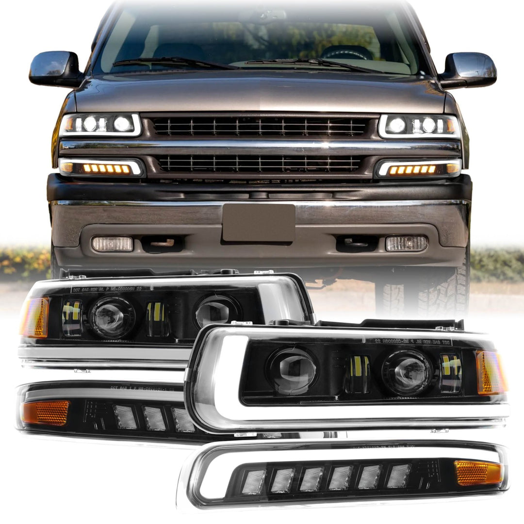 1999 - 2002 Chevrolet Chevy Silverado Pick Up Truck Black Housing Full LED Projector 4PC Headlight with Amber Reflector