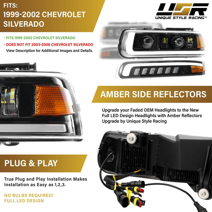 1999 - 2002 Chevrolet Chevy Silverado Pick Up Truck Black Housing Full LED Projector 4PC Headlight with Amber Reflector