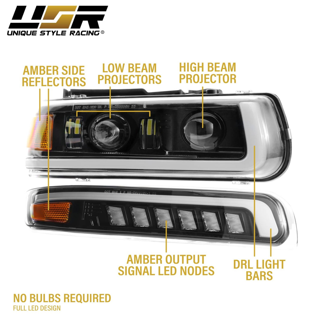 1999 - 2002 Chevrolet Chevy Silverado Pick Up Truck Black Housing Full LED Projector 4PC Headlight with Amber Reflector