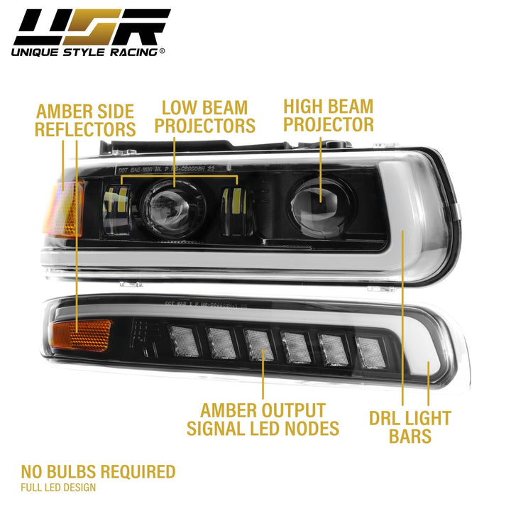 1999 - 2002 Chevrolet Chevy Silverado Pick Up Truck Black Housing Full LED Projector 4PC Headlight with Amber Reflector