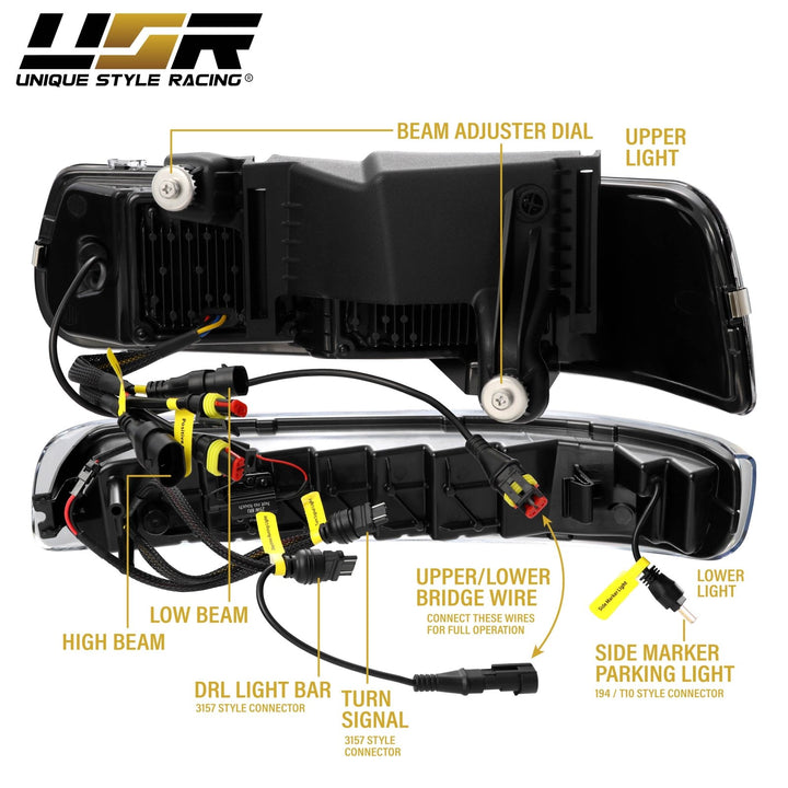 1999 - 2002 Chevrolet Chevy Silverado Pick Up Truck Black Housing Full LED Projector 4PC Headlight with Amber Reflector