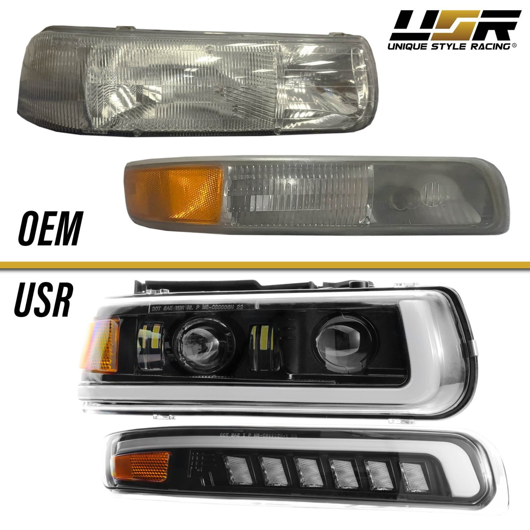 1999 - 2002 Chevrolet Chevy Silverado Pick Up Truck Black Housing Full LED Projector 4PC Headlight with Amber Reflector