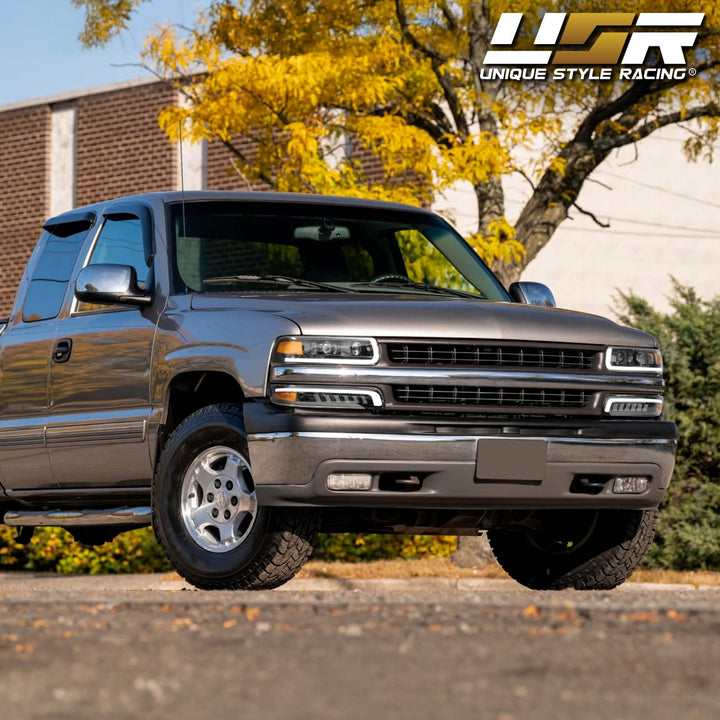 1999 - 2002 Chevrolet Chevy Silverado Pick Up Truck Black Housing Full LED Projector 4PC Headlight with Amber Reflector