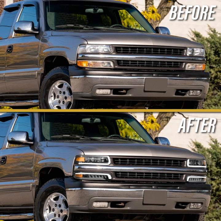 1999 - 2002 Chevrolet Chevy Silverado Pick Up Truck Black Housing Full LED Projector 4PC Headlight with Amber Reflector