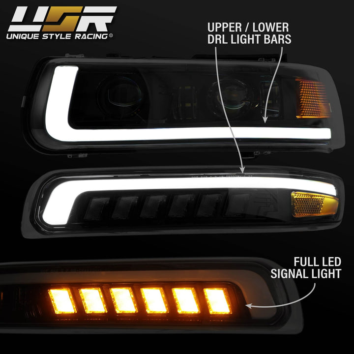 1999 - 2002 Chevrolet Chevy Silverado Pick Up Truck Black Housing Full LED Projector 4PC Headlight with Amber Reflector