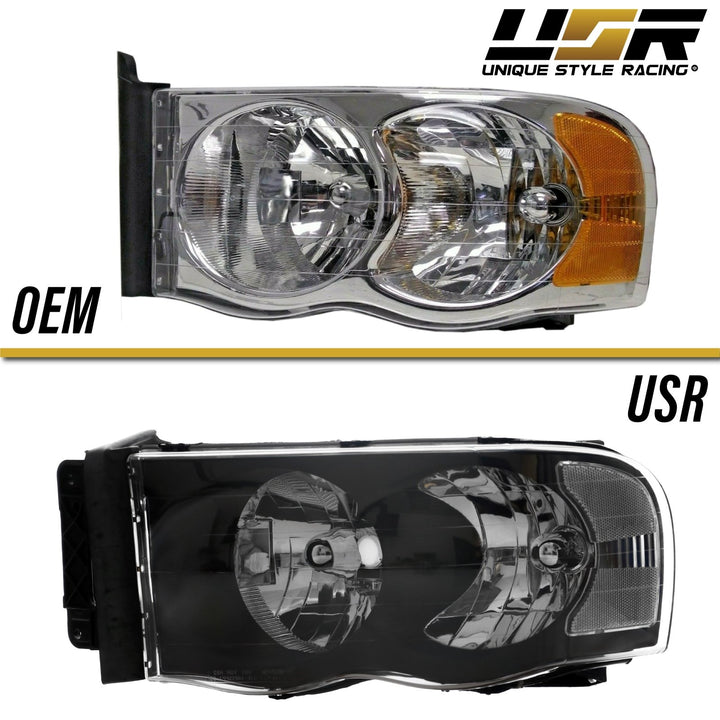 2002 - 2005 Dodge Ram Truck 1500 2500 3500 Black Housing Clear Lens Headlight with Clear Diffuser