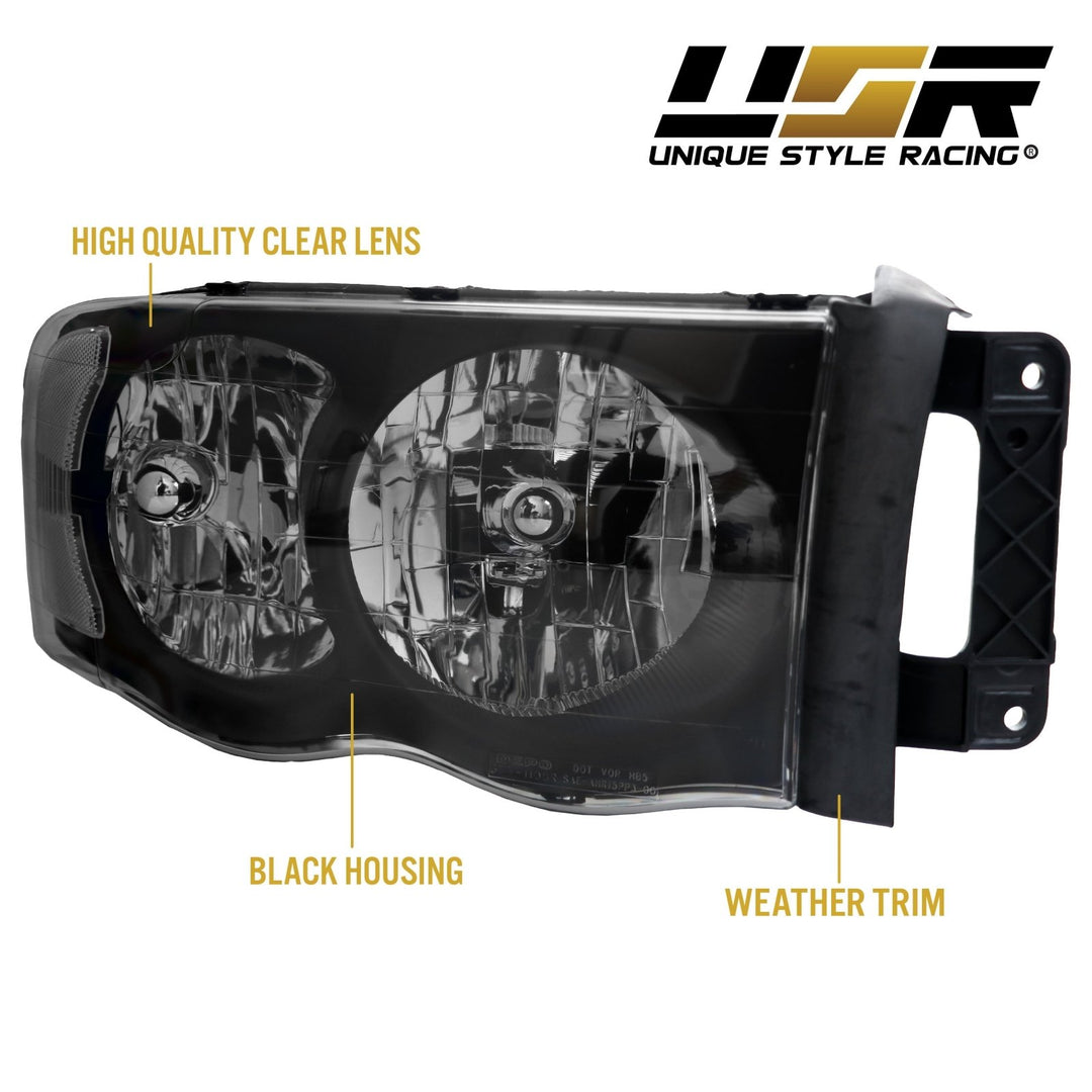 2002 - 2005 Dodge Ram Truck 1500 2500 3500 Black Housing Clear Lens Headlight with Clear Diffuser