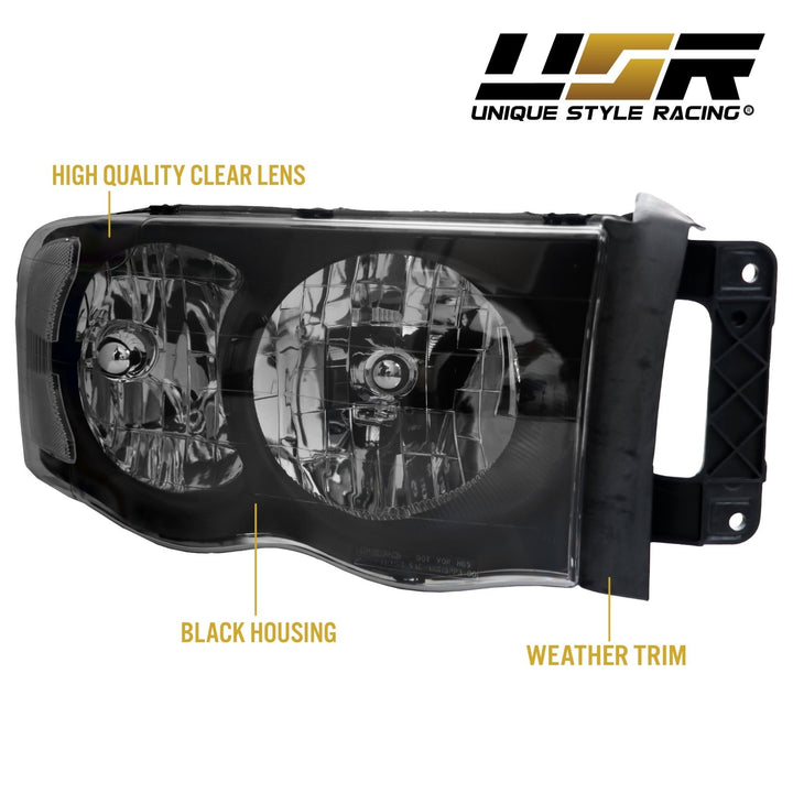 2002 - 2005 Dodge Ram Truck 1500 2500 3500 Black Housing Clear Lens Headlight with Clear Diffuser