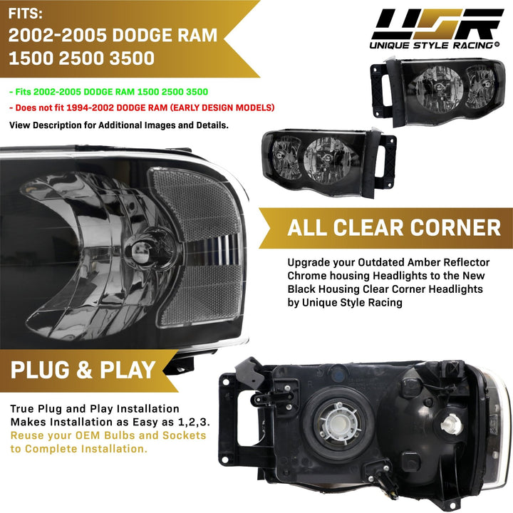 2002 - 2005 Dodge Ram Truck 1500 2500 3500 Black Housing Clear Lens Headlight with Clear Diffuser