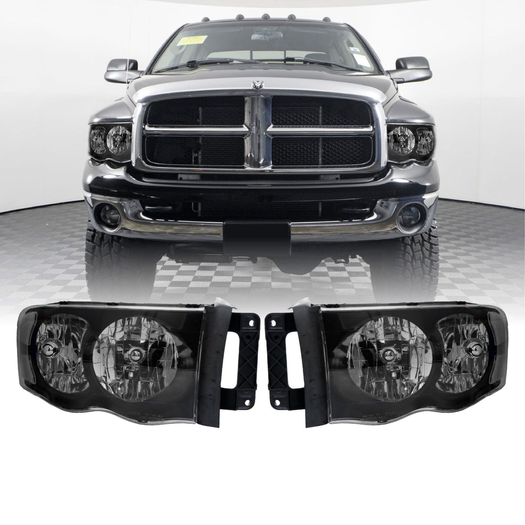 2002 - 2005 Dodge Ram Truck 1500 2500 3500 Black Housing Clear Lens Headlight with Clear Diffuser