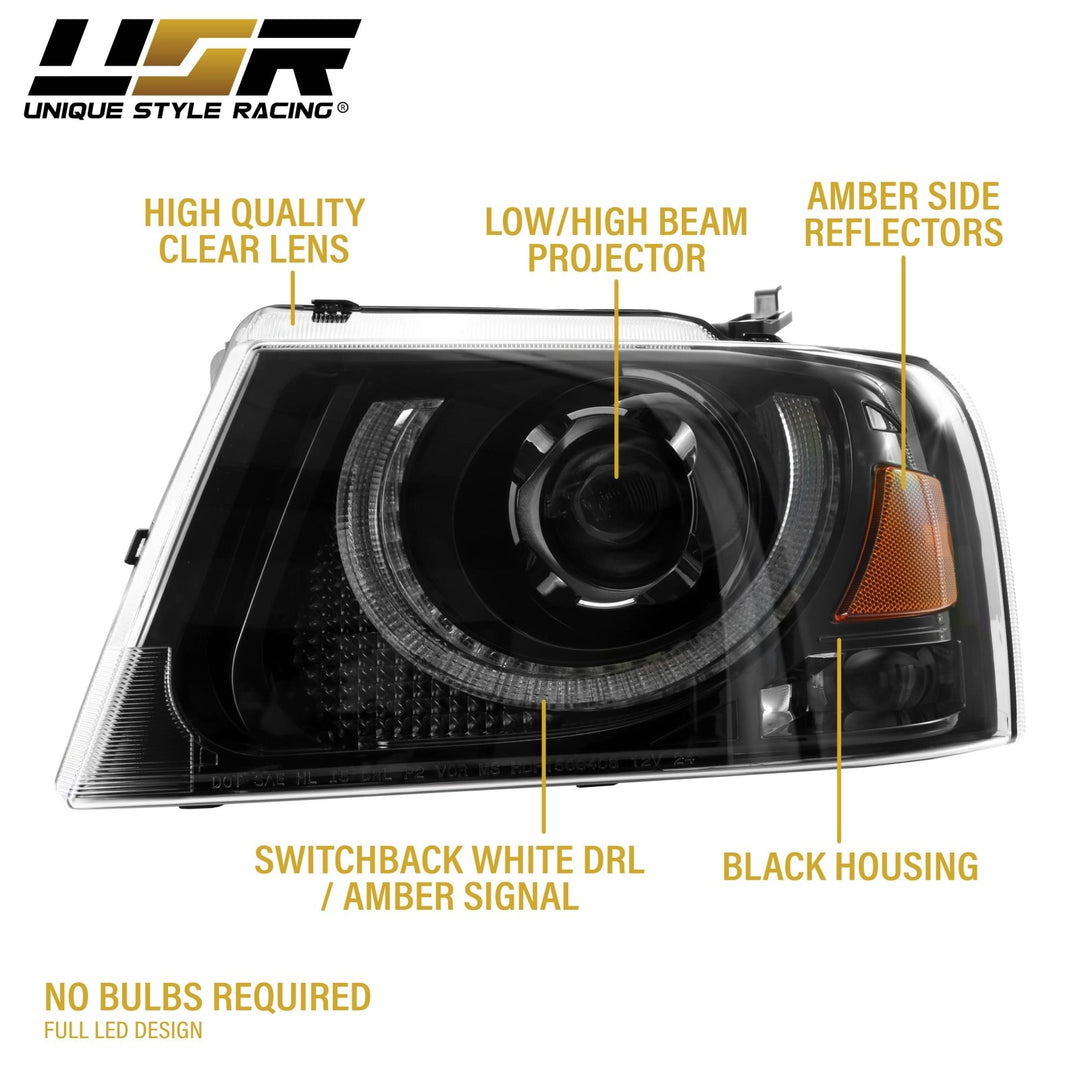 2004 - 2008 Ford F - 150 Pick Up Truck Black Housing Full LED Projector Headlight with Amber Reflector