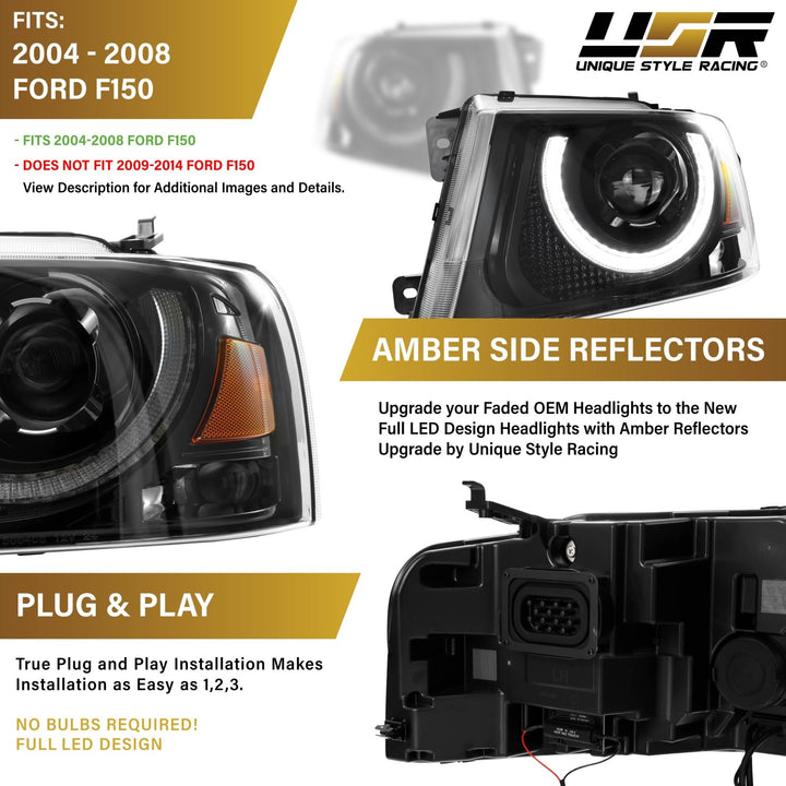 2004 - 2008 Ford F - 150 Pick Up Truck Black Housing Full LED Projector Headlight with Amber Reflector
