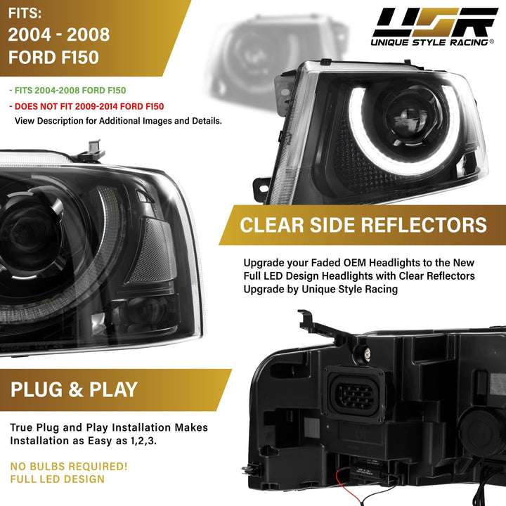 2004 - 2008 Ford F - 150 Pick Up Truck Black Housing Full LED Projector Headlight with All Clear Reflector