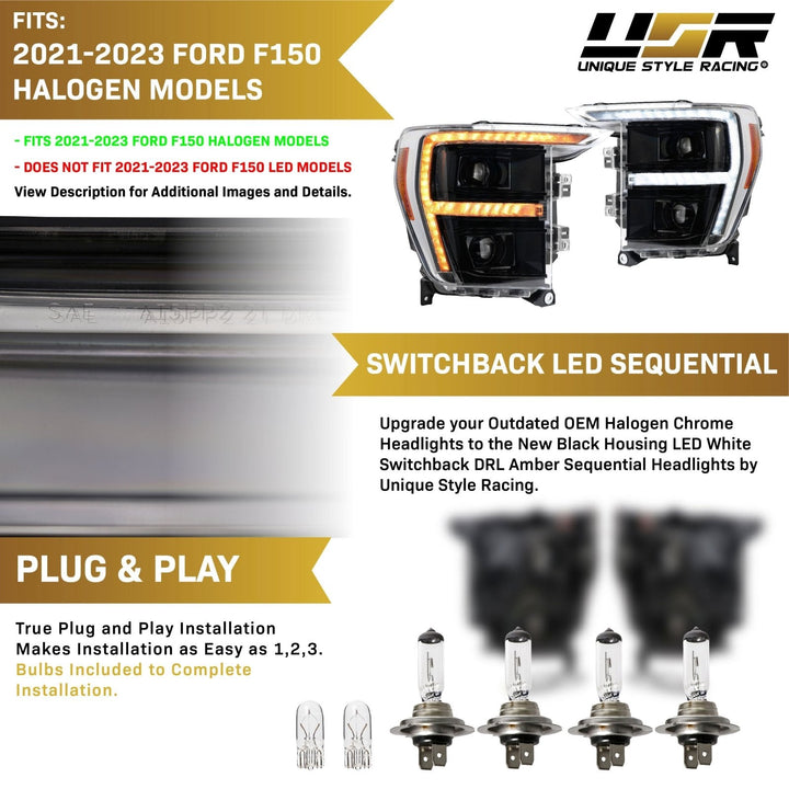 2021 - 2023 Ford F - 150 Full LED Sequential Signal Black Housing Headlight with Quad Projector for Halogen Models