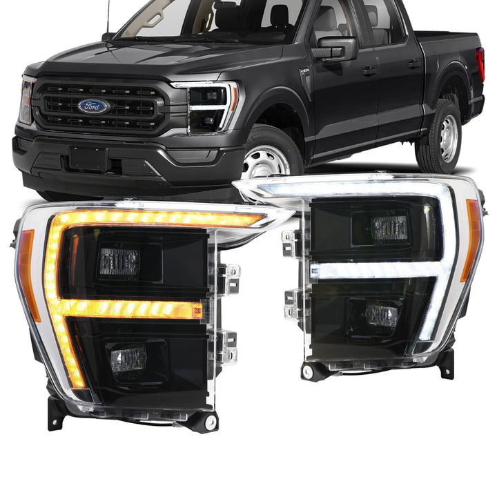 2021 - 2023 Ford F - 150 Full LED Sequential Signal Black Housing Headlight with Quad Projector for Halogen Models