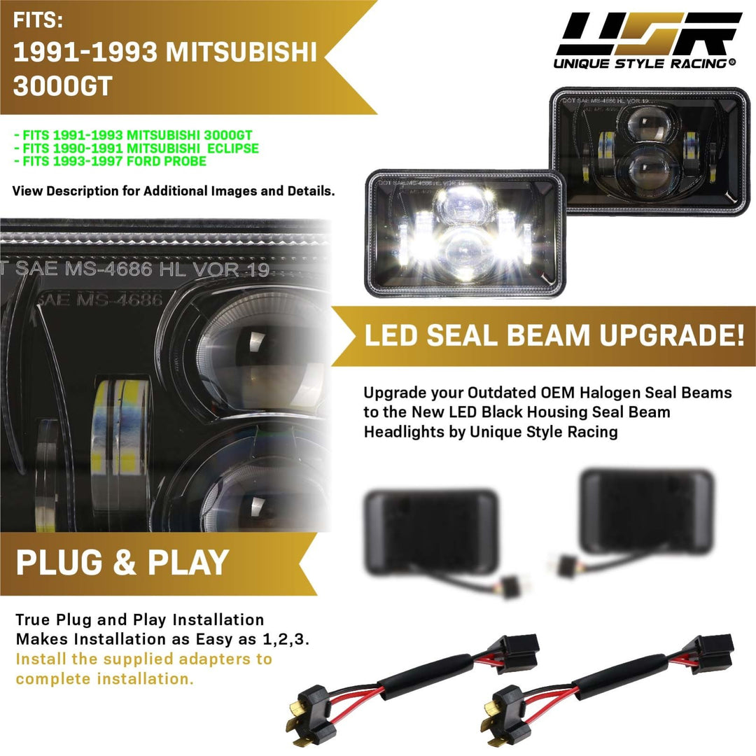 H4666 4” x 6” Black Housing LED Projector Sealed Beam Headlight + Wiring Adapters