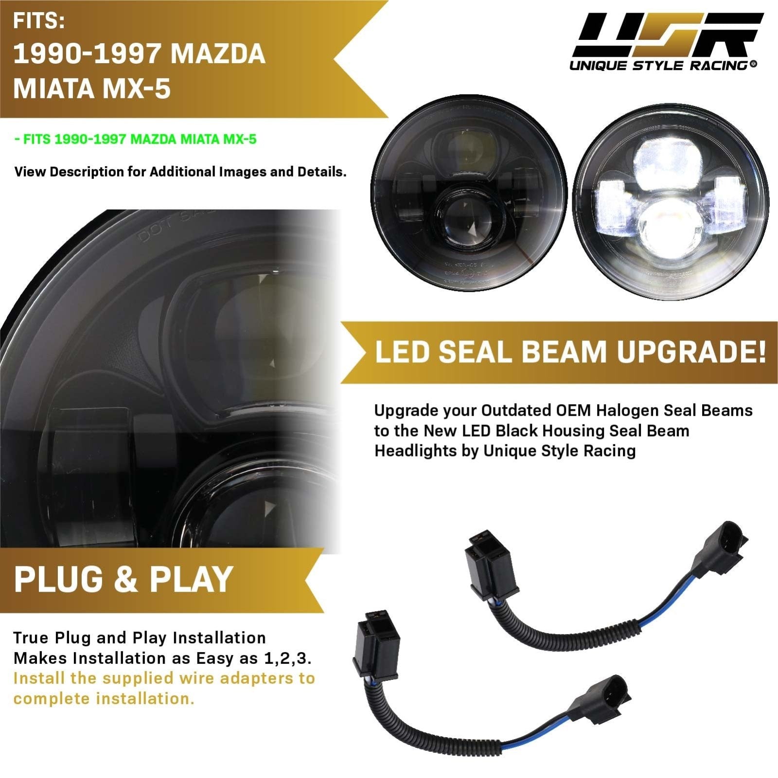 2x 7 Inch Round LED Headlights With Halo Angel Eyes For Mazda Miata MX5 90-97 – Black Housing