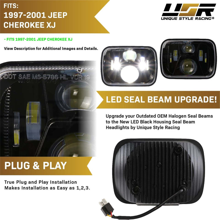1997 - 2001 Jeep Cherokee XJ 7x6 H6054 / H6052 Black Housing LED Projector Sealed Beam Headlights