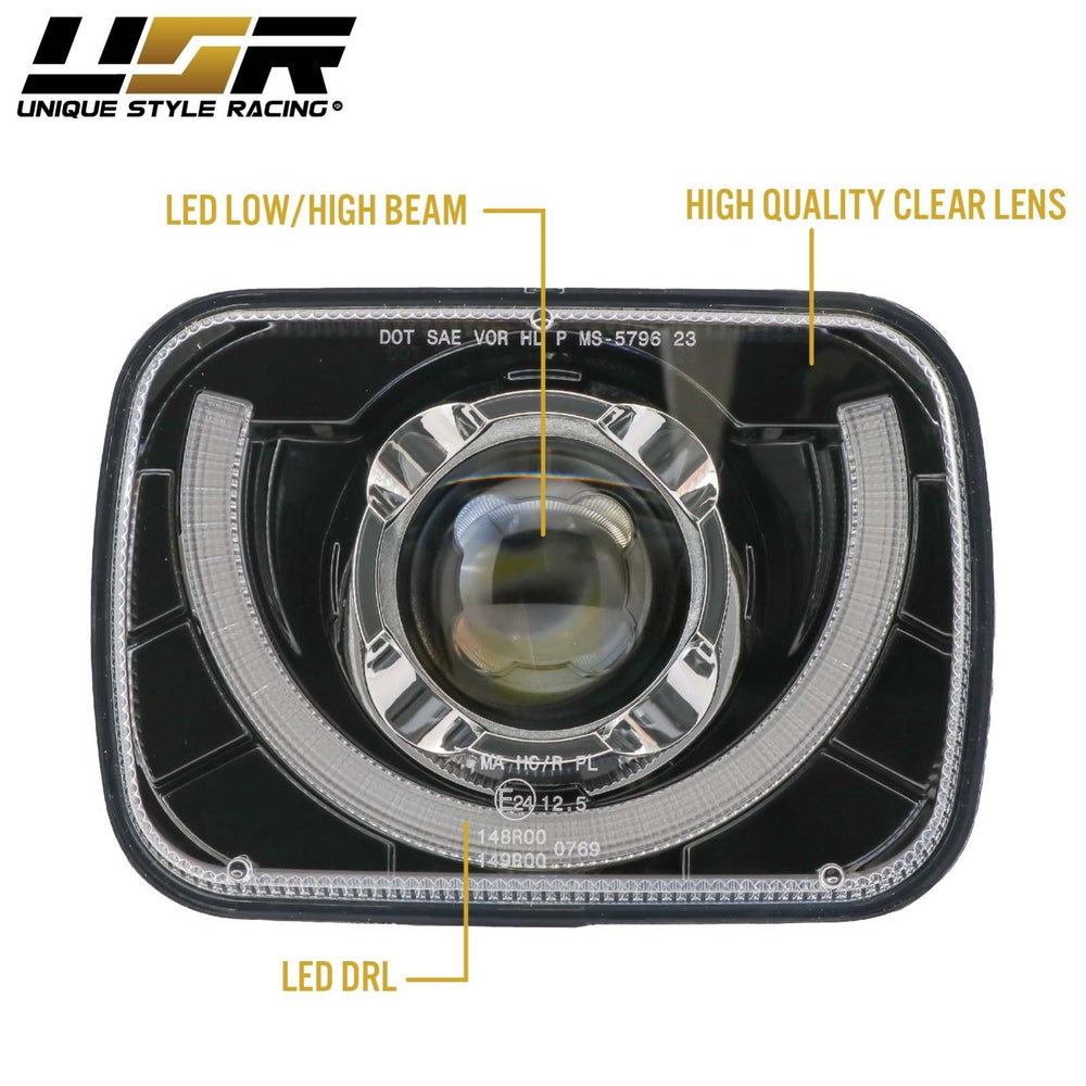 Bronco Style Black Housing LED Projector U - Style 7x6 Sealed Beam Headlights + H4 Polarity Correction Module for Toyota Supra / Tacoma / PickUp / MR2