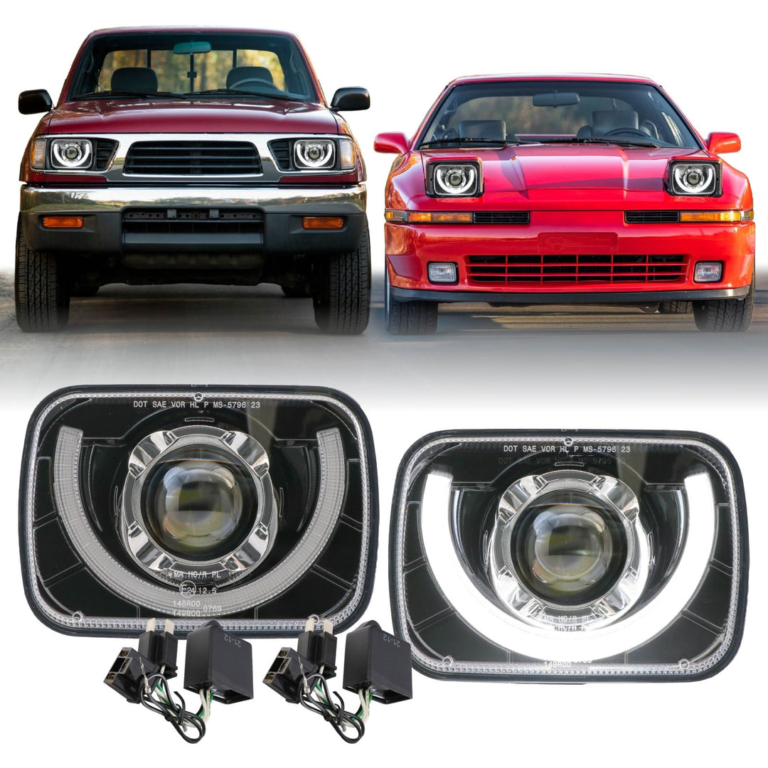Bronco Style Black Housing LED Projector U - Style 7x6 Sealed Beam Headlights + H4 Polarity Correction Module for Toyota Supra / Tacoma / PickUp / MR2