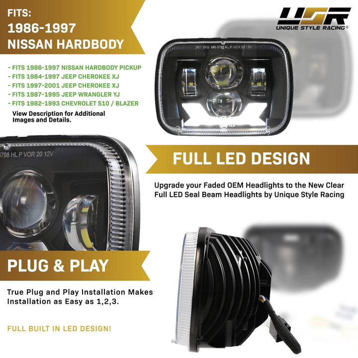 Bronco Style Black Housing LED Projector X - Style 7x6 Sealed Beam Headlights