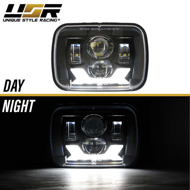 X Style Black Housing LED Projector 7x6 Sealed Beam Headlights + H4 Polarity Correction Module for Toyota Supra / Tacoma / PickUp / MR2