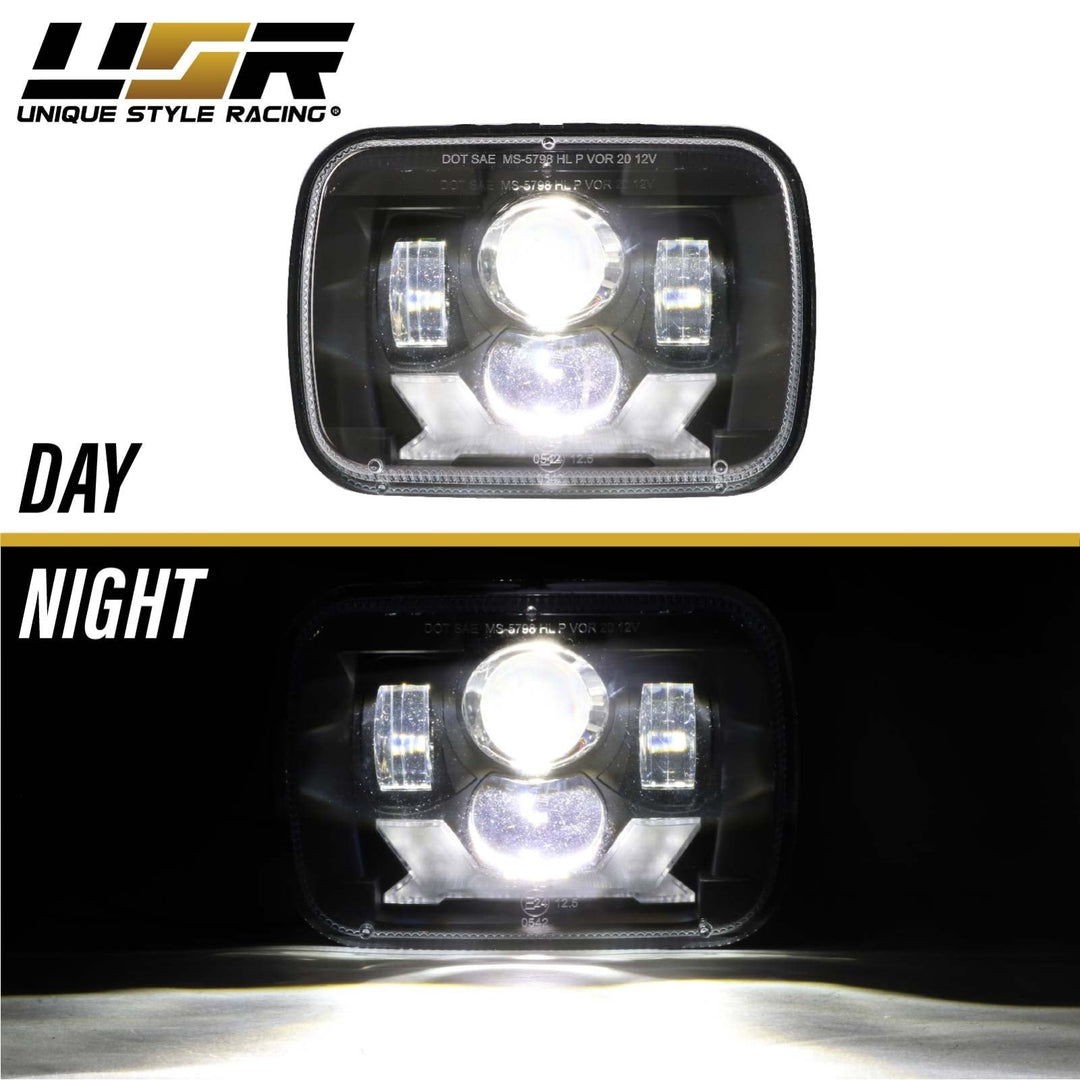 X Style Black Housing LED Projector 7x6 Sealed Beam Headlights + H4 Polarity Correction Module for Toyota Supra / Tacoma / PickUp / MR2