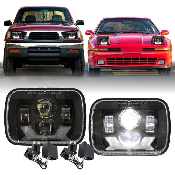 X Style Black Housing LED Projector 7x6 Sealed Beam Headlights + H4 Polarity Correction Module for Toyota Supra / Tacoma / PickUp / MR2