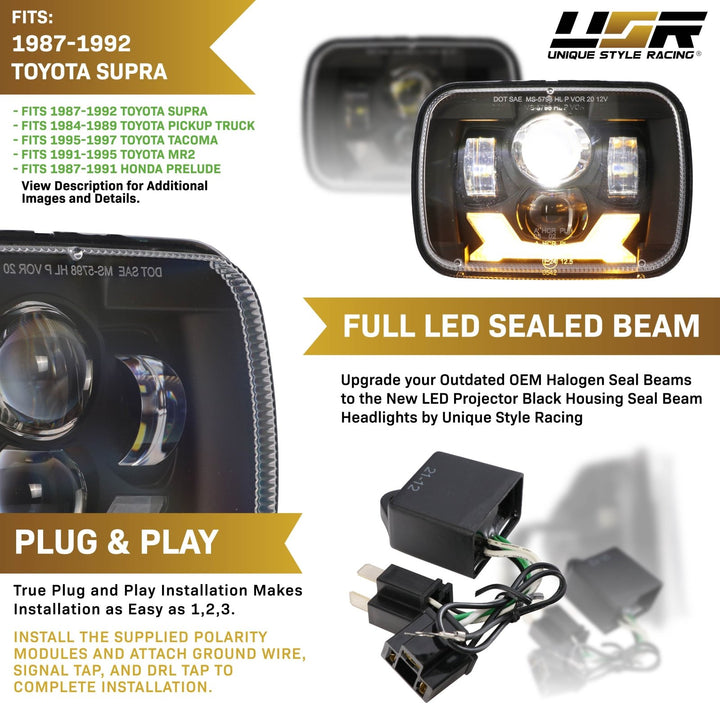 X Style Black Housing LED Projector 7x6 Sealed Beam Headlights + H4 Polarity Correction Module for Toyota Supra / Tacoma / PickUp / MR2