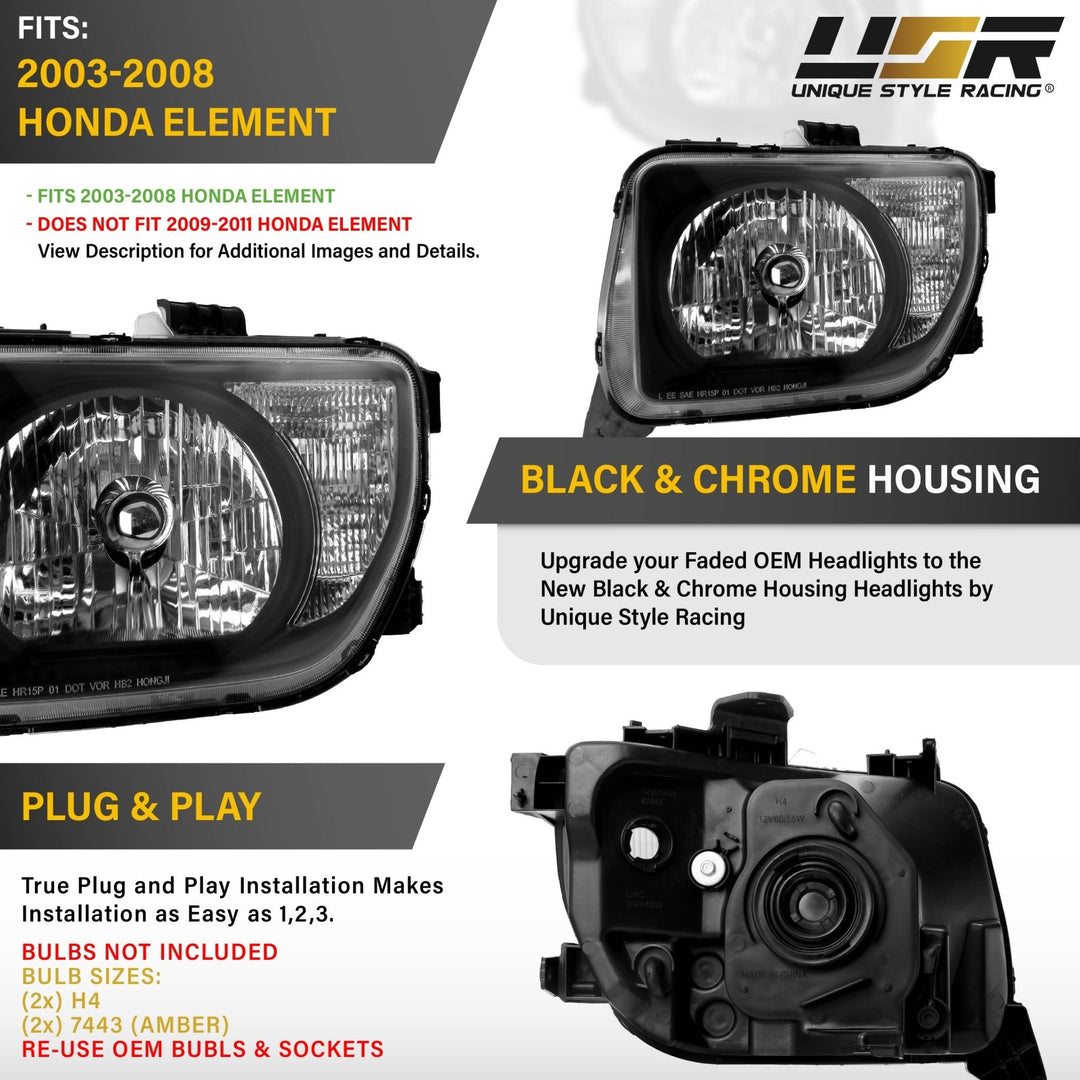2003 - 2008 Honda Element Black Housing Clear Lens with Clear Reflector Headlights