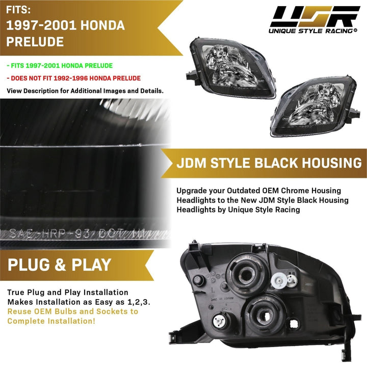 1997 - 2001 Honda Prelude JDM Style Black Housing Clear Lens Headlights