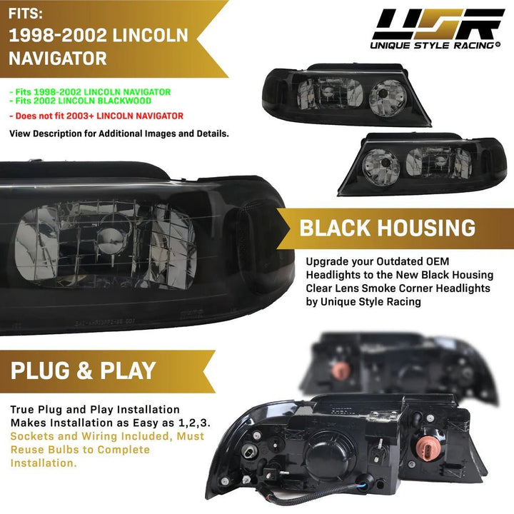 1998 - 2002 Lincoln Navigator Black Housing Clear Headlights