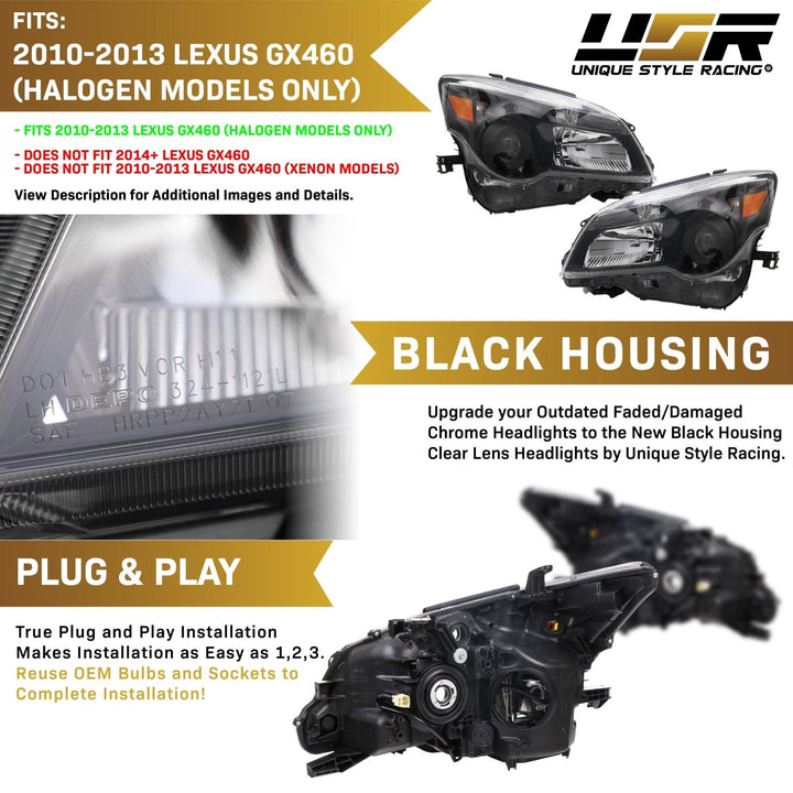 2010 - 2013 Lexus GX460 Stock Halogen Model Gloss Black Upgrade Headlights