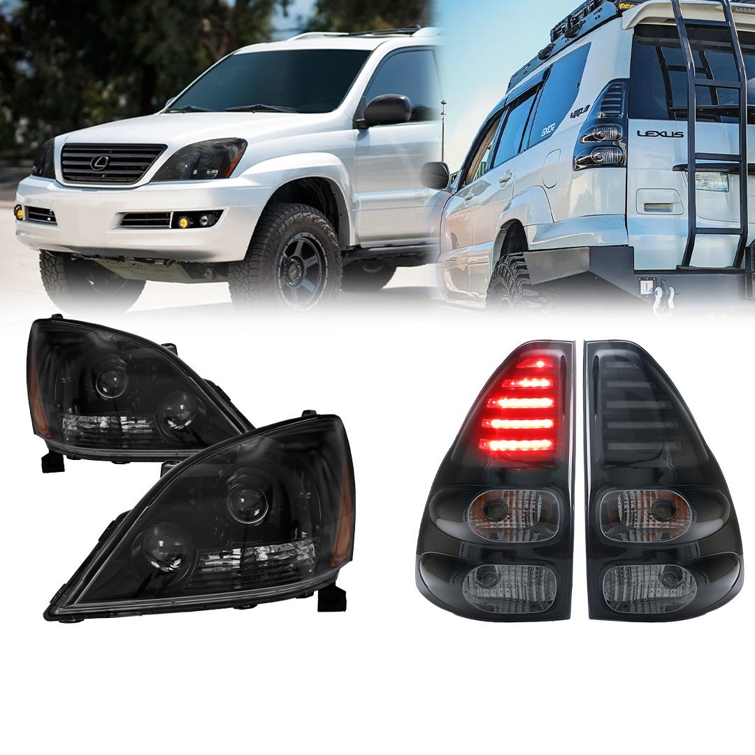 2003 - 2009 Lexus GX470 Gloss Black Housing Clear Lens Headlight + Matte Black Housing Light Smoke Lens LED Tail Lights