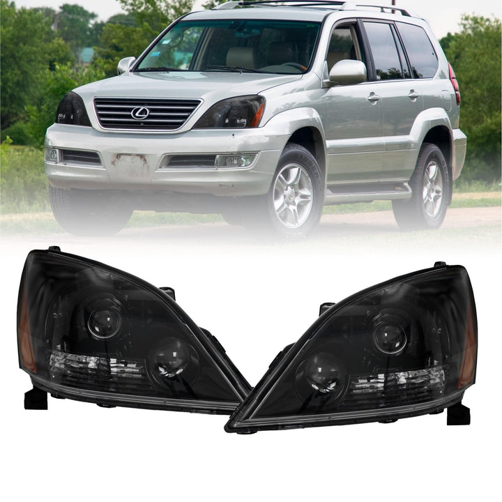 2003 - 2009 Lexus GX470 Gloss Black Housing Clear Lens Headlight + Matte Black Housing Light Smoke Lens LED Tail Lights