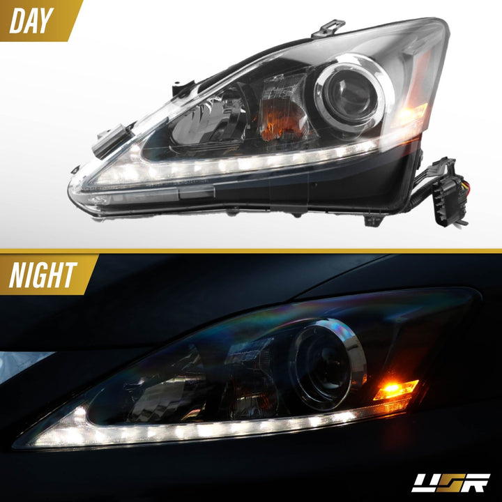 2006 2007 2008 2009 2010 2011 2012 2013 Lexus IS250 IS 250 IS350 350 ISF F USR Edition Daytime Visible DRL Day time running light LED Check Mark Black Projector Headlight
