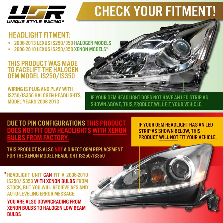 2006 2007 2008 2009 2010 2011 2012 2013 Lexus IS250 IS 250 IS350 350 ISF F USR Edition Daytime Visible DRL Day time running light LED Check Mark Black Projector Headlight