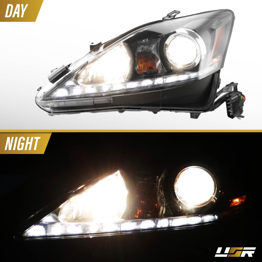 2006 2007 2008 2009 2010 2011 2012 2013 Lexus IS250 IS 250 IS350 350 ISF F USR Edition Daytime Visible DRL Day time running light LED Check Mark Black Projector Headlight