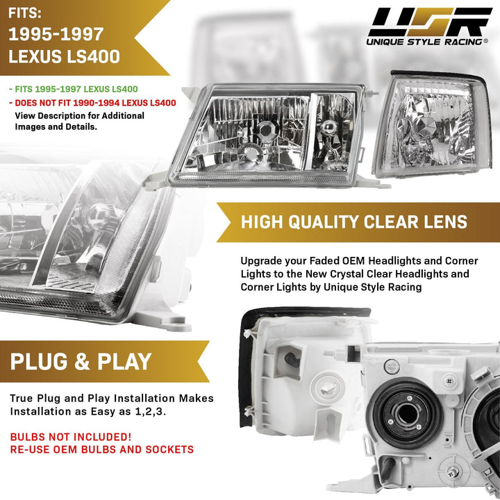 1995 - 1997 Lexus LS400 JDM Style Glass Clear Lens Headlights + Matching Corner Lights